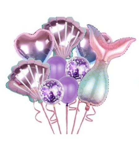 Set baloane aniversare pentru fetita, set din 9 baloane, Flippy, Tematica Sirene, 5 Baloane Folie, 4 baloane latex, cu inimii Mov metalizat