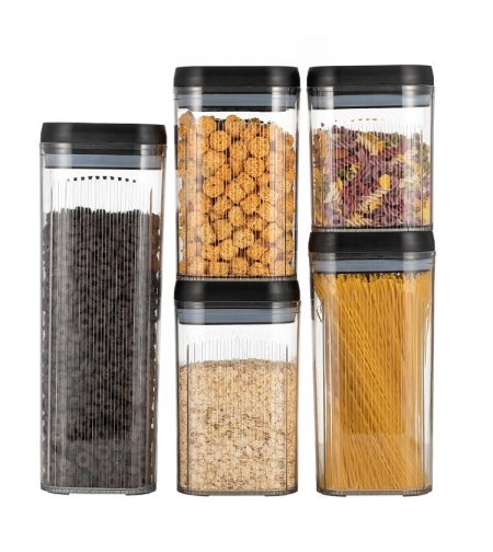 Cutii de Depozitare Alimente, Flippy, Set din 5 Cutii de tip Container, Recipiente pentru Cereale in Bucatarie,  Transparente cu Capac Negru