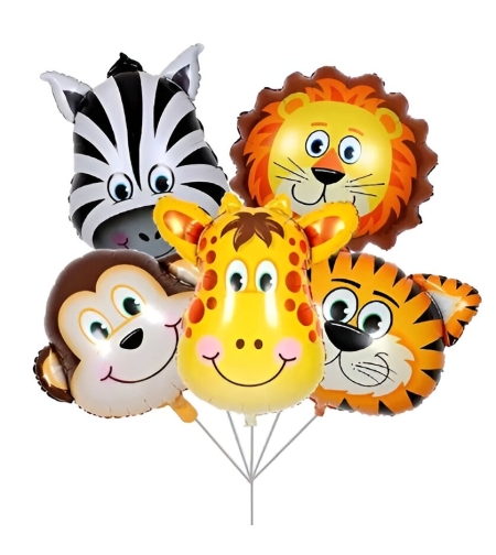 Set 5 Baloane Folie Metalizata, Flippy, Figurine Animale Salbatice, 30 cm, Ambalaj Individual, Pai inclus, Umflare cu Aer sau Heliu, Multicolor