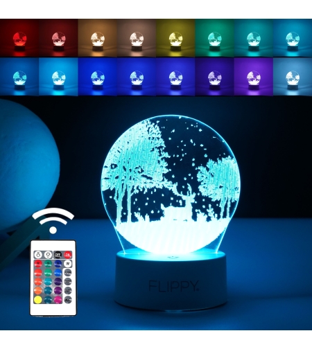 Lampa LED decorativa, Flippy, 3D, Peisaj de iarna, cu telecomanda, doua moduri de alimentare USB si baterii, 20 cm inaltime, din material acril si lumina multicolora, alb