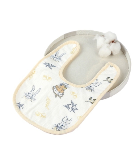 Baveta in Forma de U, Flippy, din Bumbac, pentru Copii 0-12 Luni, Rezistenta la Apa, cu Capse, Model cu Iepurasi, 21x30 cm, Bej