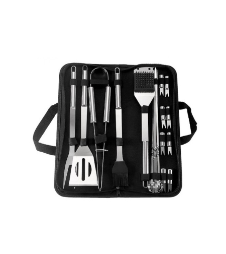 Set 20 Ustensile pentru Gratar, Flippy, din Otel Inoxidabil, Geanta Oxford, Argintiu