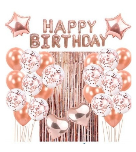 Set 24 de baloane folie si latex, 10 baloane latex simple, 10 bloane latex cu paiete, 4 baloane folie, ribon, 1x2 m perdea, Rose Gold