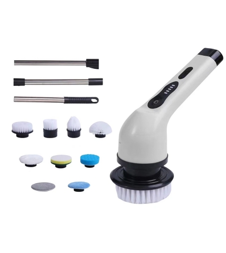 Perie Electrica de Curatare, Flippy, pentru Gresie, Baie, Bucatarie, 25x20x9.5 cm, cu 9 Capete, Maner Extensibil Detasabil 84-127cm, Incarcare USB-Type C, Rotire 360 de Grade, 3000 mAh, Culoare: Alb