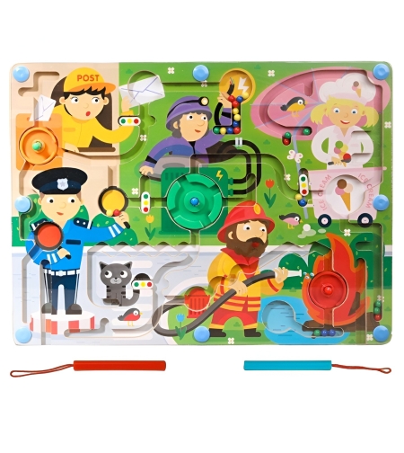 Joc Montessori de Sortare Culori, Flippy, Creion Magnetic, Tip Labirint Ilustrat, din Lemn, Model Meserii, 39x29x1.5 cm