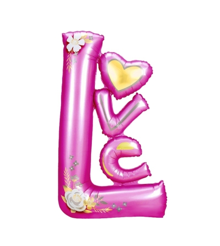 Balon din Folie Metalizata, Flippy, Figurine, Model LOVE, Tematica Iubire, 110x64 cm, Ambalaj Individual, Pai Inclus, Umflare cu Aer sau Heliu, Mov