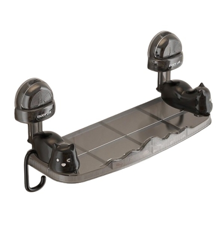 Suport pentru Baie, Flippy, Montare pe Perete, Model Pisicute, ABS, Adeziv, Raft pentru Depozitare, 33.4x17.7 cm, Negru