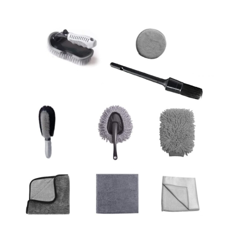 Set 9 Piese pentru Spalat Auto, Flippy, din Plastic si Microfibra, Perii si Lavete, Model B, Gri