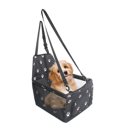 Suport pentru Animalele de Companie, Flippy, pentru Masina, cu Prindere de Scaun si Centura de Siguranta, Negru cu Imprimeu, 40x32x42cm