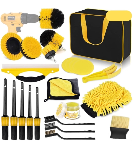 Set 23 Accesorii pentru Curatare Auto, Flippy, din PP si Microfibra, Interior/Exterior, 30 x 24 x 12 cm, Galben/Negru