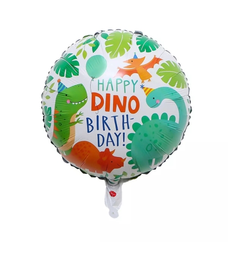 Balon din Folie Metalizata, Flippy, Mini Figurina Rotunda, Model Happy Birthday cu Dinozauri, Tema Aniversare, 45 cm, Ambalaj Individual, Pai inclus, Umflare cu Aer sau Heliu, Multicolor