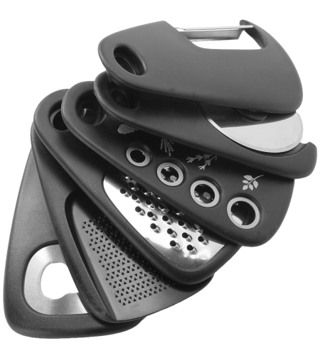 Set 6 in 1 mini ustensile bucatarie Flippy, taietor pizza, cutit, curatator, razatoare, desfacator, presa usturoi, manere din ABS, lame ascutite din otel inoxidabil, 7.1 x 12.9 x 4.8 cm,  negru