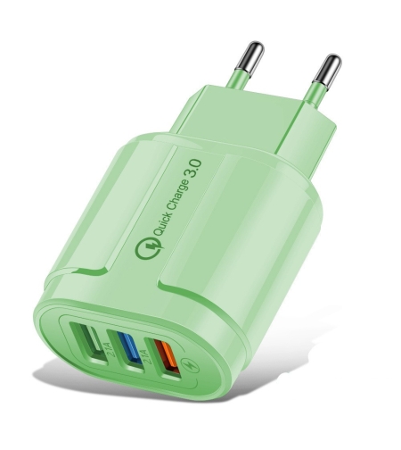 Incarcator Rapid QC3.0, Flippy, 3 Porturi USB, 2.1A, 18W, din ABS, Protectie Supraincalzire, Gama Macarons, Verde