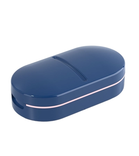 Organizator medicamente, Flippy, Dispozitiv Taiere/Sfaramare Pastile, Ideala pentru Calatorii, Portabila, Perie pentru Curatare, Compartiment depozitare, 8.5x4.5x2.5 cm, Albastru