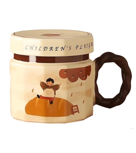 Cana din ceramica, Flippy, Cana pentru Cafea, Ceai, Cana Universala, Unisex, Cana cu Capac, 9 x 8 x 8 cm, 400 ml, Model Baietel Bej