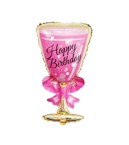 Balon din Folie Metalizata, Flippy, Figurina Pahar de Vin, Tema Aniversare, 93x48 cm, Ambalaj Individual, Pai Inclus, Umflare cu Aer sau Heliu, Roz