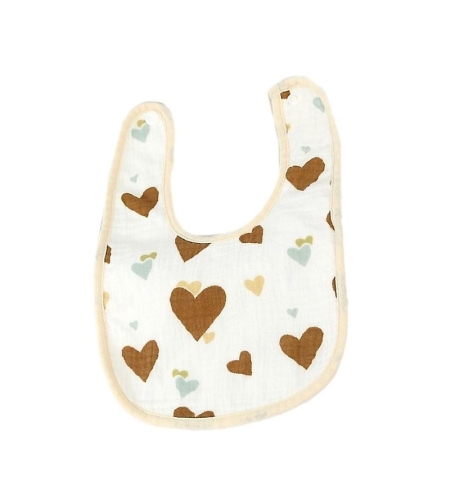 Baveta in Forma de U, Flippy, din Bumbac, pentru Copii 0-12 Luni, Rezistenta la Apa, cu Capse, Model cu Inimioare,  21x30 cm, Bej