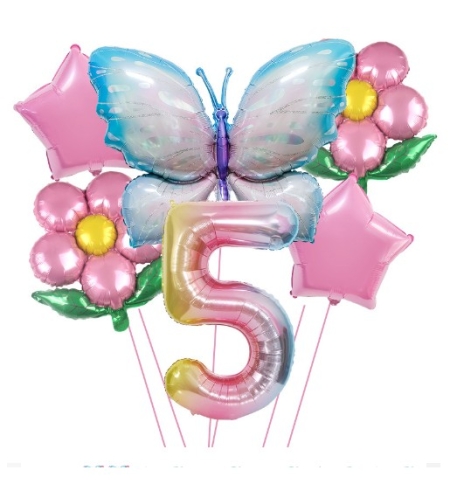 Set baloane aniversare cu numere, din folie de aluminiu, 6 piese, 2 flori, 2 stelute, 1 fluture, 1 cifra, Multicolor, Cifra 5