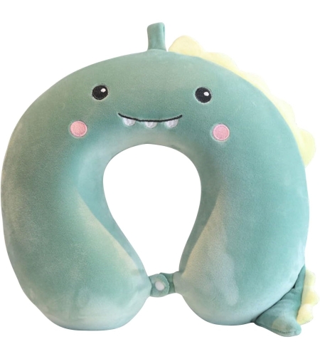 Perna de Calatorie in Forma de U, Flippy, Pentru Gat si Cap, Umplutura din Spuma cu Memorie, 30x30 cm, Model Dinozaur, Accesoriu de Voiaj, Birou, Masina, Sistem Prindere Capse, Verde