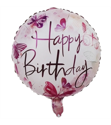 Balon din Folie Metalizata, Flippy, Mini Figurina Rotunda, Model Happy Birthday Fluturasi, Tema Aniversare, 45 cm, Ambalaj Individual, Pai inclus, Umflare cu Aer sau Heliu, Roz