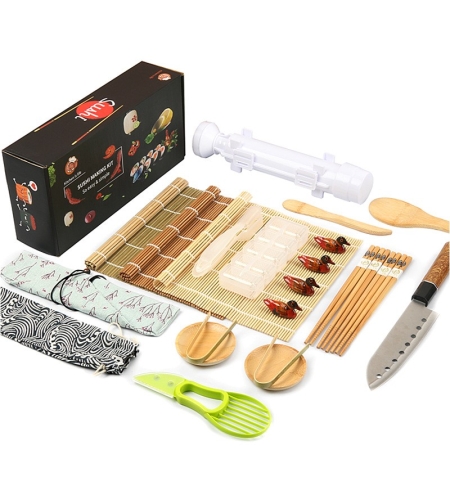 Set Ustensile pentru Sushi, Flippy, Set din 24 Accesorii pentru Sushi, Set pentru Sushi HOME MADE, Cutit Inclus, Forme, Betisoare, Multicolor