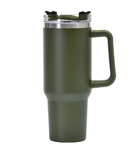 Cana Termos din Plastic, Flippy, pentru Bauturi Calde si Reci, cu Maner, 9.9x9.9x27 cm, Verde Army