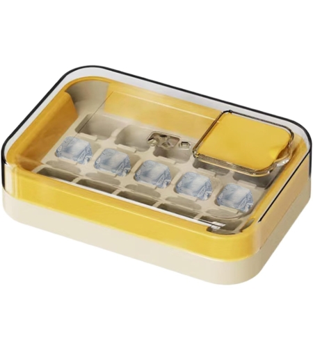 Cutie Gheata, 15 Cuburi, Cu Sistem de Presare Spate, Capac de Umplere și Evacuare, 1 L, 16.5 x 11.2 x 4.5 cm, Galben