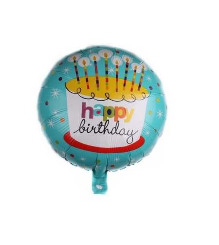 Balon din Folie Metalizata, Flippy, Mini Figurina Rotunda, Model Happy Birthday Tort, Tema Aniversare, 45 cm, Ambalaj Individual, Pai inclus, Umflare cu Aer sau Heliu, Albastru