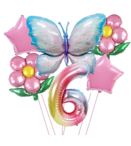 Set baloane aniversare cu numere, din folie de aluminiu, 6 piese, 2 flori, 2 stelute, 1 fluture, 1 cifra, Multicolor, Cifra 6