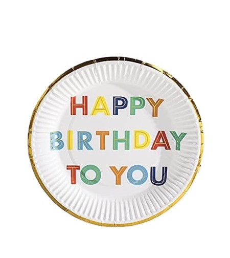 Set 10 Farfurii Unica Folosinta, Flippy, Imprimeu Happy Birthday, din Carton, Diametru 18 cm, Alb