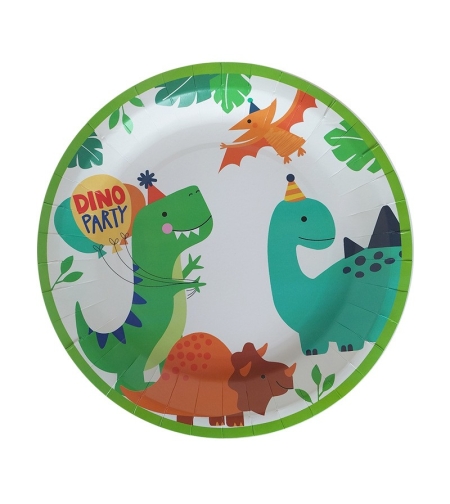 Set 10 Farfurii de Carton Happy Birthday, Flippy, 23 cm, Tematica Aniversare, Model Dinozauri, Multicolor