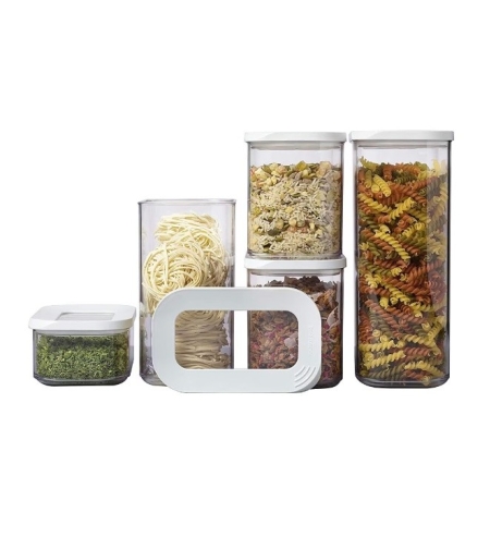 Set 5 Cutii de Depozitare Alimente, Flippy, Capac Alb, din ABS+Silicon, 23 x 15 x 27 cm, Transparent