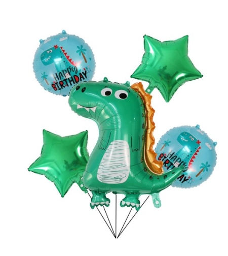 Set 5 Baloane folie de aluminiu, Flippy, Figurina Dinozaur, pentru aniversare HAPYY BIRTHDAY, Stelute Verzi si Baloane Albastre, 50 - 70 cm