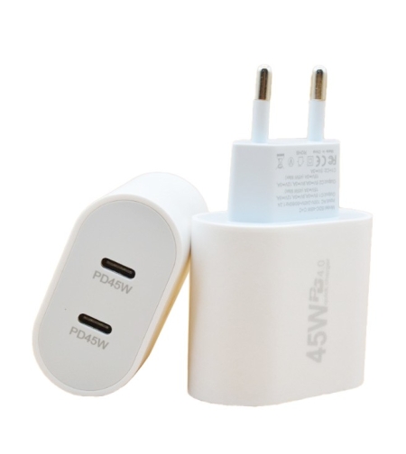 Incarcator Fast Charge pentru Telefon, Flippy, Power Delivery 45W, Dual Port Type-C PD45W, Compatibil cu orice Telefon, Alb