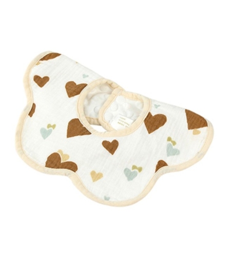 Baveta Tip Floare, Flippy, din Bumbac, pentru Copii 0-12 Luni, Rezistenta la apa, cu Capse, Model cu Inimioare, 26 x 29 cm, Maro