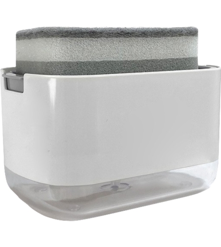 Dozator Flippy, Dispenser 2 in 1 pentru Detergent Lichid de Vase sau pentru Obiecte Sanitare cu Suport pentru Burete de Bucatarie , 8.6 x 14.5 x 10 cm, capacitate 300 ml, alb