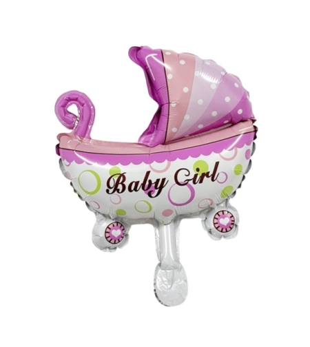 Balon din Folie Metalizata, Flippy, Mini Figurina, Model Carucior Bebelus, Tematica Gender Reveal, 39x29 cm, Ambalaj Individual, Pai Inclus, Umflare cu Aer sau Heliu, Roz