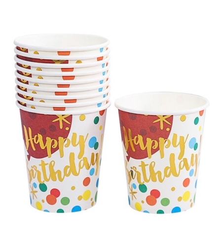 Set 10 Pahare, Flippy, Imprimeu Happy Birthday Baloane, din Carton, 250 ml, 7.5 x 8.5 x 5.2 cm, Multicolor