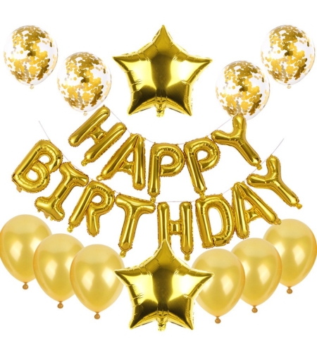 Set baloane din folie metalizata si baloane din latex, baloane HAPPY BIRTHDAY, 4 baloane latex Confetti, 6 baloane latex Roz, 2 baloane folie Steluta, 40cm, Gold