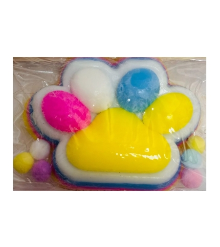 Jucarie Antistres Squishy, Flippy, cu Revenire Lenta, Model Labuta de Pisica Pufoasa, 220g, 12.5 x 10.5 cm Squeeze Pinch Family, Ambalaj Transparent, Galben-Multicolor