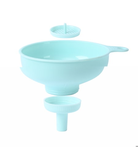 Palnie din plastic 3 in 1 Flippy, doua dimensiuni de scurgere, cu filet si filtru, diametru scurgere 5.4 cm, 11.5 x 16.7 cm, albastru