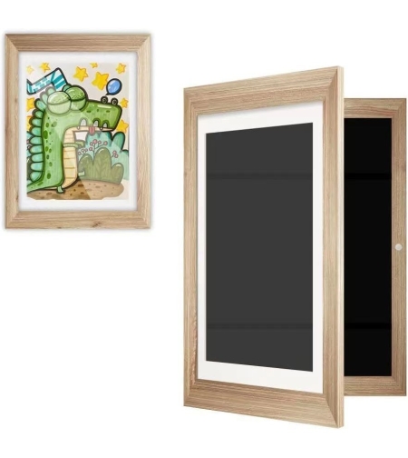 Rama Cutie pentru Foto si Cutie, Flippy, din Lemn, cu Spatiu Pentru Depozitare, Pentru Desene si Picturi A4, Sticla Securizata, 35 x 26 x 4 cm, 530 g, Maro Lemn