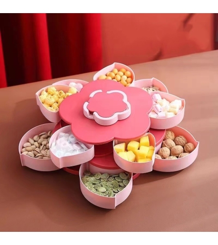 Tava pentru Servire, Flippy, pentru Fructe / Legume / Snackuri, cu Sertare, Deschidere Rotativa, pe 2 Straturi, in Forma de Floare, 26 x 26 x 11.5 cm Roz