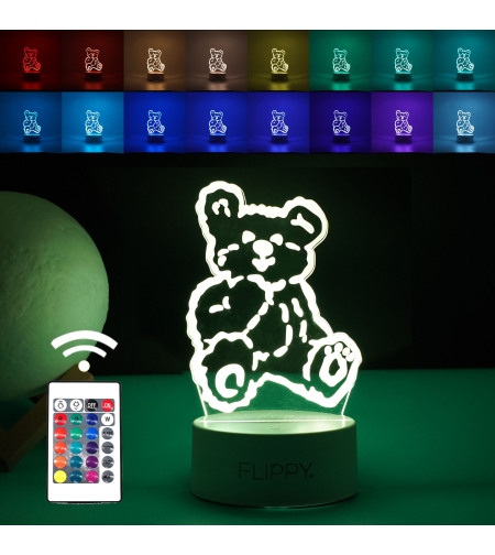 Lampa LED decorativa, Flippy, 3D, Ursulet, cu telecomanda, doua moduri de alimentare USB si baterii, 20 cm inaltime, din material acril si lumina multicolora, alb