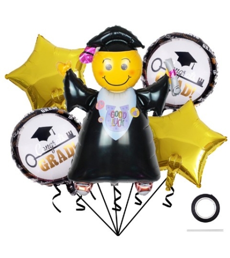 Baloane cu tematica Absolvire, Flippy, set din 5 baloane, 1 Figurina Absolventa, 2 stele, 2 rotunde, din folie de aluminiu, 70 x 40 cm, Aer si Heliu, Auriu Negru