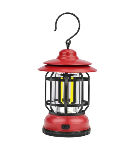 Portable camping light, vintage lantern with hook, ABS, 21 COB LED lighting, adjustable intensity, 5W, reversible, red rechargeable