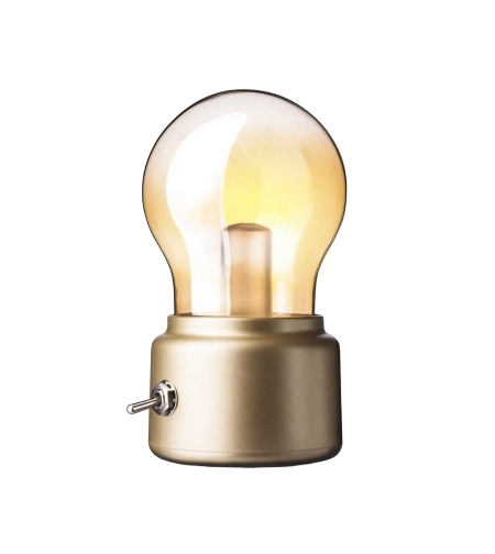 Lampa LED Decorativa sub forma de Bulb, Retro pentru interior, Bej/ Transparent, 5 V, 500 mA, ABS, Lumina Calda, Incarcare USB, Autonimie 12 Ore, Comutator Metalic, Flippy, 11x7x6 cm