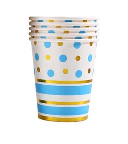 Set 10 Pahare, Flippy, Imprimeu cu Buline si Dungi, din Carton, 250 ml, 7.5 x 8.5 x 5.2 cm, Albastru/Auriu