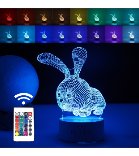 Lampa LED decorativa, Flippy, 3D, Iepure, cu USB si baterii, 20 cm inaltime, din material acril, lumina multicolora si telecomanda inclusa, alb