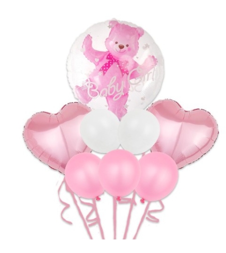 Set Baloane Aniversare, Flippy, set din 8 bucati, 1 bucata urs, 2 inimi folie,5 simple din latex Baby Girl, 60 cm Roz